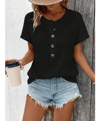 Kadın Kısa Kollu Yakası Açık önden Düğmeli Waffle Bluz