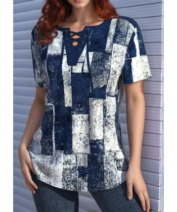 Kadın Kısa Kollu Yakası Bağcıklı Kuş Gözü Detay Süprem Bluz