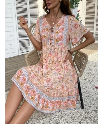 Kadın Kısa Kollu Yakası Bağcıklı önden Düğmeli Fırfır Desenli Süprem Elbise