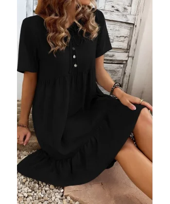 Kadın Kısa Kollu Yakası Bağcıklı önden Düğmeli Fırfır Desenli Süprem Elbise