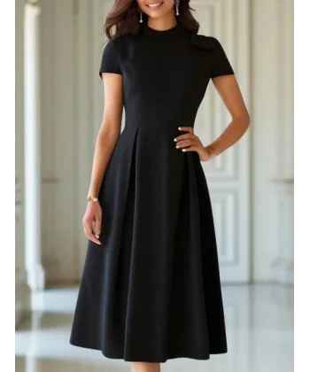 Kadın Kısa Kollu Yarı Balıkçı Yaka Pileli Janjan Krep Midi Elbise