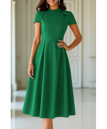 Kadın Kısa Kollu Yarı Balıkçı Yaka Pileli Janjan Krep Midi Elbise