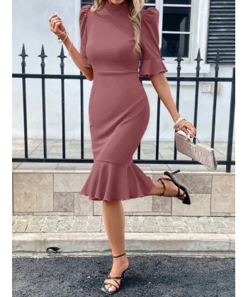 Kadın Kısa Kollu Yarı Balıkçı Yakalı Etek Ucu Fırfırlı Midi Ithal Krep Elbise