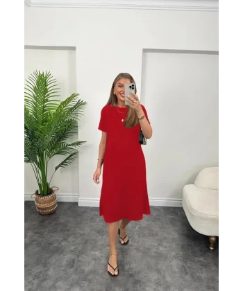 Kadın Kısa Kollu Yırtmaç Detaylı Salaş Viskon Elbise