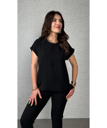 Kadın Kısa Kollu Yuvarlak Yaka Aerobin Bluz Ve Pantolon Ikili Takım