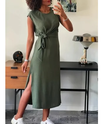 Kadın Kısa Kollu Yuvarlak Yaka Belden Bağcıklı önden Yırtmaçlı Aerobin Elbise