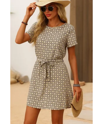 Kadın Kısa Kollu Yuvarlak Yaka Beli Kuşaklı Geometrik Desenli Süprem Elbise