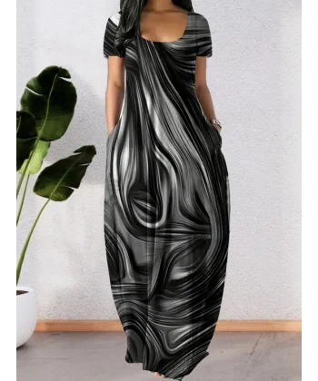 Kadın Kısa Kollu Yuvarlak Yaka Cepli Salaş Baskılı Süprem Elbise