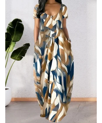 Kadın Kısa Kollu Yuvarlak Yaka Cepli Salaş Baskılı Süprem Elbise