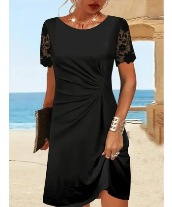 Kadın Kısa Kollu Yuvarlak Yaka Dantel Kol Detay Viskon Elbise