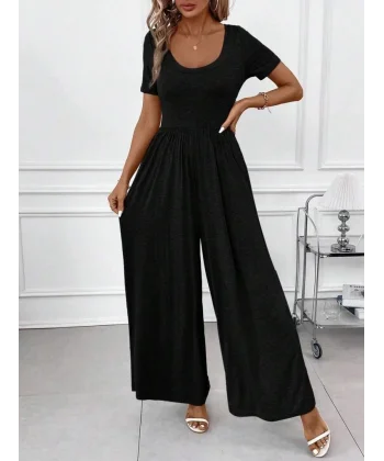 Kadın Kısa Kollu Yuvarlak Yaka Geniş Paçalı Bürümcük Tulum