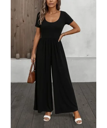 Kadın Kısa Kollu Yuvarlak Yaka Geniş Paçalı Bürümcük Tulum