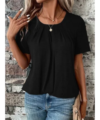 Kadın Kısa Kollu Yuvarlak Yaka önden Pileli Salaş Viskon Bluz