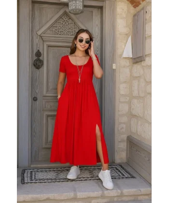 Kadın Kısa Kollu Yuvarlak Yaka önden Yırtmaçlı Cepli Viskon Uzun Elbise