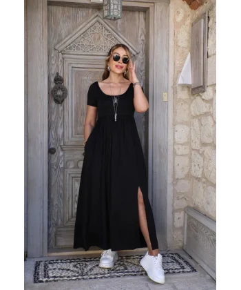 Kadın Kısa Kollu Yuvarlak Yaka önden Yırtmaçlı Cepli Viskon Uzun Elbise