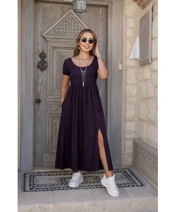 Kadın Kısa Kollu Yuvarlak Yaka önden Yırtmaçlı Cepli Viskon Uzun Elbise