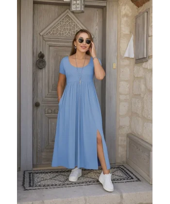 Kadın Kısa Kollu Yuvarlak Yaka önden Yırtmaçlı Cepli Viskon Uzun Elbise