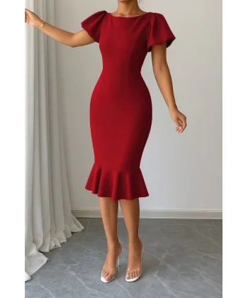 Kadın Kısa Kollu Yuvarlak Yaka Pileli Janjan Krep Elbise