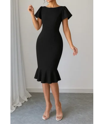 Kadın Kısa Kollu Yuvarlak Yaka Pileli Janjan Krep Elbise