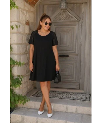 Kadın Kısa Kollu Yuvarlak Yaka şerit Kol Detaylı Viskon Elbise