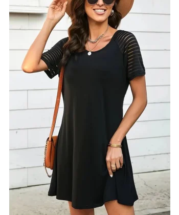 Kadın Kısa Kollu Yuvarlak Yaka şerit Kol Detaylı Viskon Elbise