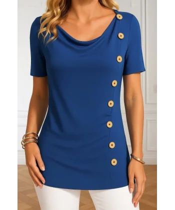 Kadın Kısa Kollu Yuvarlak Yaka Yandan Düğmeli Viskon Bluz