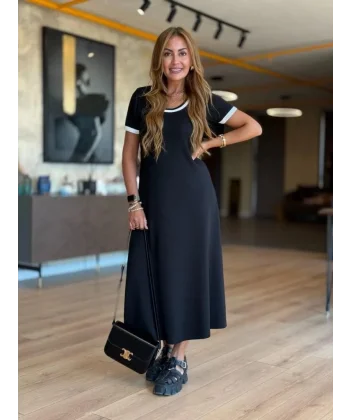 Kadın Kısa Kollu Yuvarlak Yaka Yandan Yırtmaçlı Midi Viskon Elbise