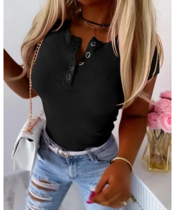 Kadın Kısa Kollu Yuvarlak Yakalı Düğme Detay Kaşkorse Bluz