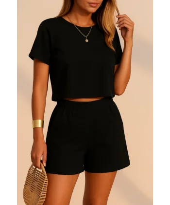 Kadın Kısa Kollu Yuvarlak Yakalı Ithal Keten Bluz Ve Short Ikili Takım