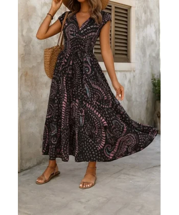 Kadın Kısa Yarasa Kanat Kollu V Yakalı Beli Büzgülü Süprem Elbise