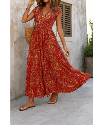 Kadın Kısa Yarasa Kanat Kollu V Yakalı Beli Büzgülü Süprem Elbise