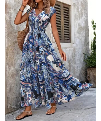 Kadın Kısa Yarasa Kanat Kollu V Yakalı Beli Büzgülü Süprem Elbise