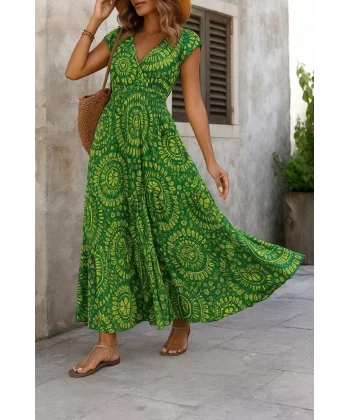 Kadın Kısa Yarasa Kanat Kollu V Yakalı Beli Büzgülü Süprem Elbise