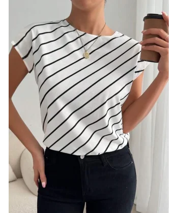 Kadın Kısa Yarasa Kollu Bisiklet Yaka çizgi Desenli Atlas Bluz