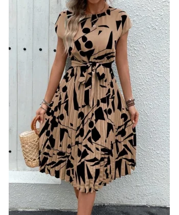 Kadın Kısa Yarasa Kollu Yuvarlak Yaka Beli Büzgülü Süprem Elbise