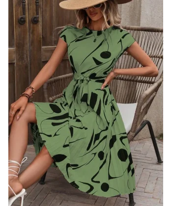 Kadın Kısa Yarasa Kollu Yuvarlak Yaka Beli Büzgülü Süprem Elbise