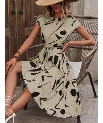 Kadın Kısa Yarasa Kollu Yuvarlak Yaka Beli Büzgülü Süprem Elbise