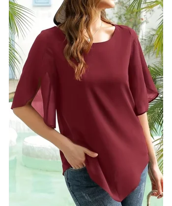 Kadın Kısa Yırtmaç Kollu Yuvarlak Yaka şifon Bluz