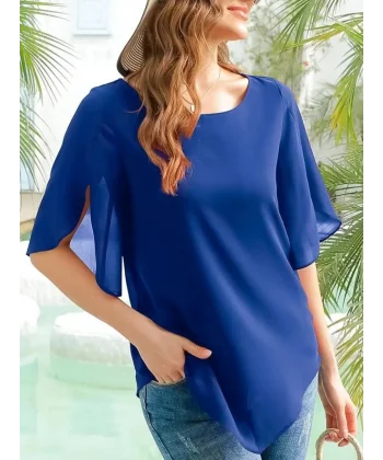 Kadın Kısa Yırtmaç Kollu Yuvarlak Yaka şifon Bluz