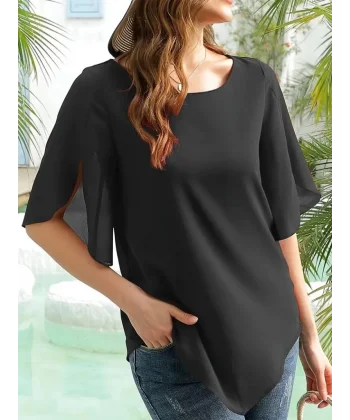 Kadın Kısa Yırtmaç Kollu Yuvarlak Yaka şifon Bluz