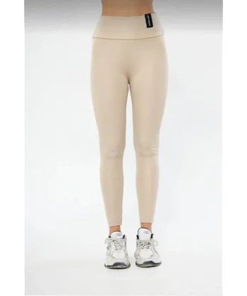 Kadın Kışlık Yüksek Bel Toparlayicı ve Sıkılaştırıcı Likralı Şardonlu Tayt - Bej