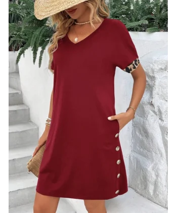 Kadın Kolları Leopar Eteği Düğme Detay Viskon Elbise