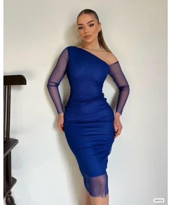 Kadın Kolları Tül Detay Omuz Dekolteli Diz üstü Kalem Elbise