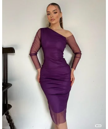 Kadın Kolları Tül Detay Omuz Dekolteli Diz üstü Kalem Elbise