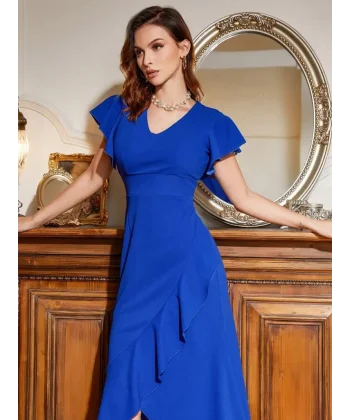 Kadın Kolları Ve Eteği Volanlı Ithal Krep Elbise