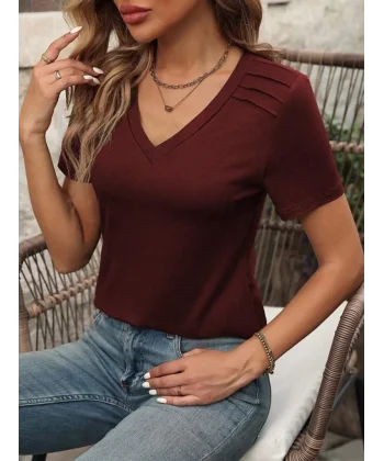 Kadın Kollu V Yakalı Omuzlarda çizgi Detaylı Viskon Bluz