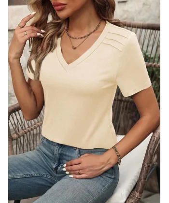 Kadın Kollu V Yakalı Omuzlarda çizgi Detaylı Viskon Bluz