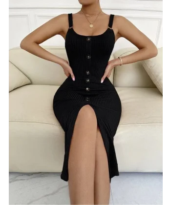 Kadın Kolsuz Askı Halka Detay önü Düğmeli Midi Boy Yırtmaçlı Fitilli Kaşkorse Elbise