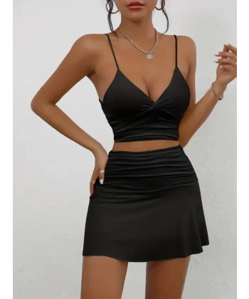 Kadın Kolsuz Askılı Crop Mini Etek Ikili Sandy Takım
