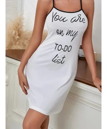 Kadın Kolsuz Askılı Sırt çapraz Detay To Do List Baskı Süprem Gecelik Elbise